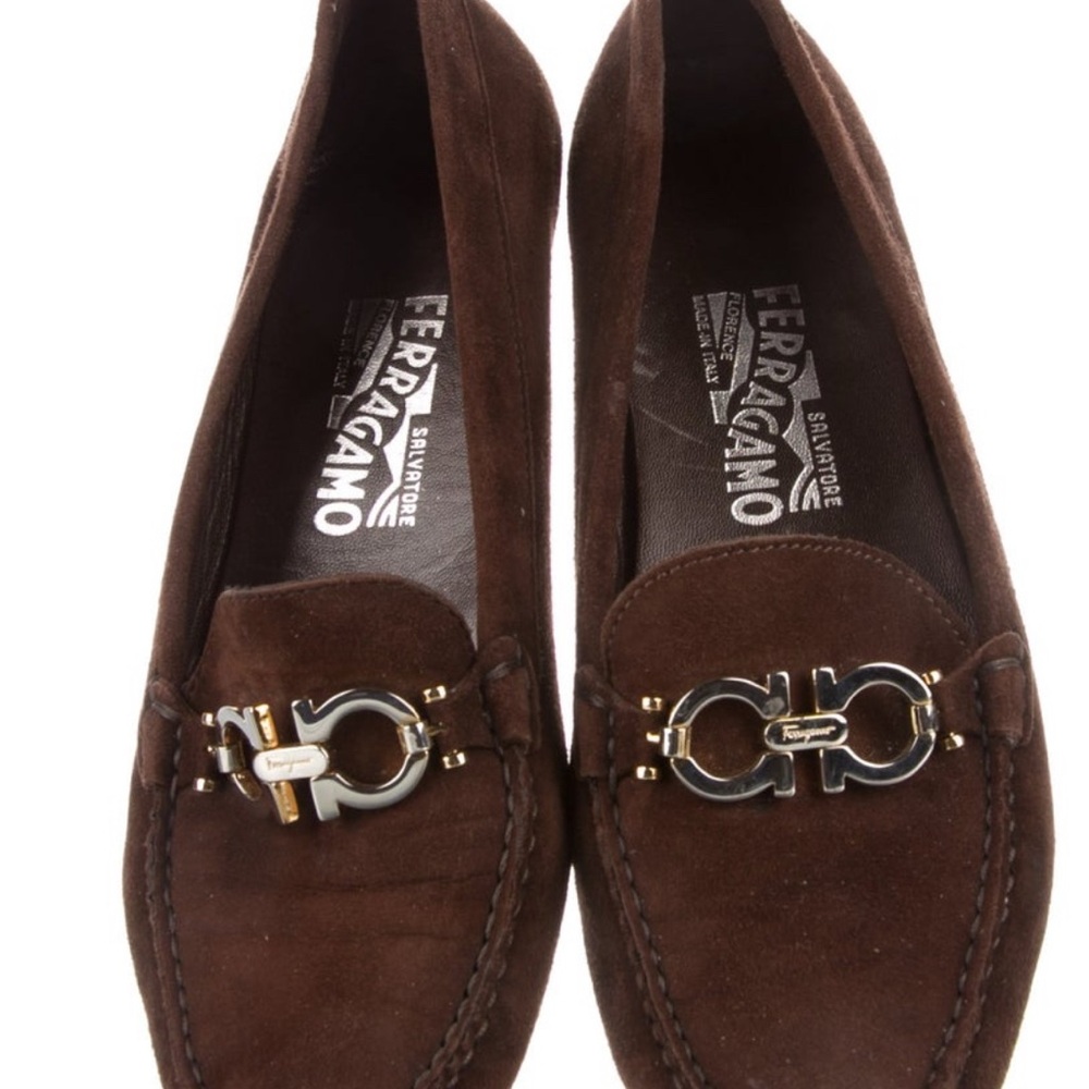 Salvatore Ferragamo Chocolate Suede Loafers with Gold Detail like new